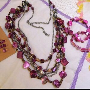 Fuchsia Pink Mother of Pearl Beaded Chain Bib Necklace Statement Set